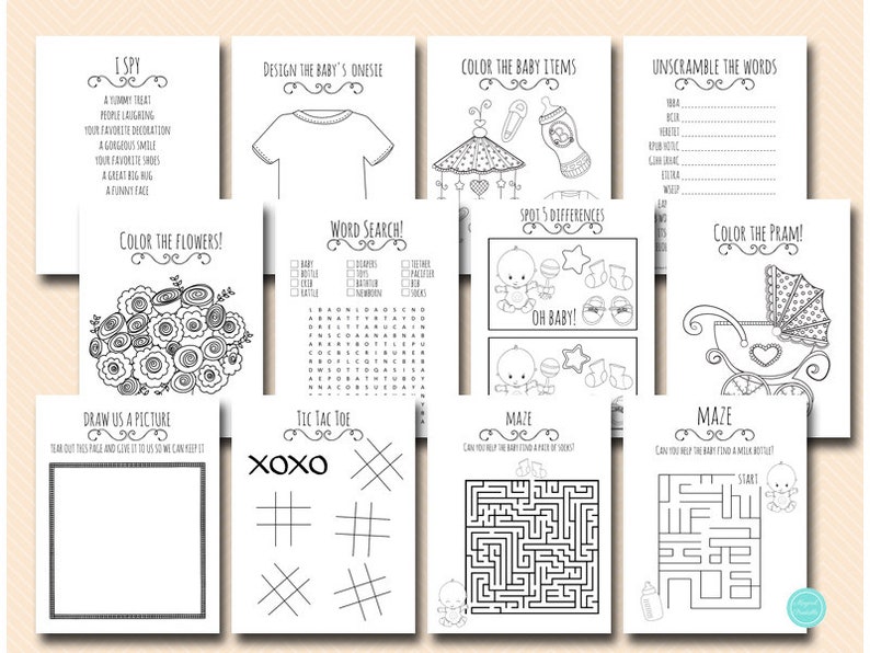 May include: A printable baby shower game booklet with black and white illustrations. The booklet includes games such as I Spy, word search, spot the difference, noughts and crosses, and mazes.