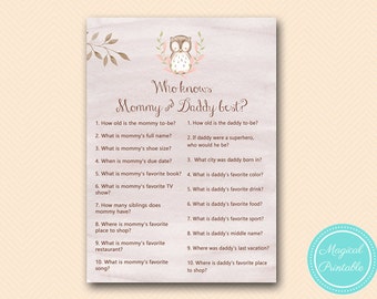 Quem sabe o melhor jogo da mamãe e do papai para imprimir, jogo de chá de bebê misto, jogo de chá de bebê coruja, jogos de chá de bebê Woodland, Owl Baby TLC401