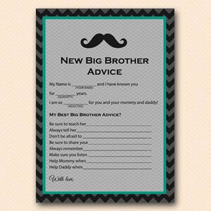 Teal Moustache Big Brother Baby Shower Ratschläge, Ratschläge für Big Brother zu sein, Ratschläge für neuen Bruder, Ratschläge, Baby Shower Aktivitäten TLC65