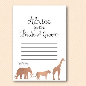 Rose Gold Advice for the Bride and Groom to be Card, Safari Animal Bridal Shower Activity Printable, Bachelorette, Wedding Shower BS452