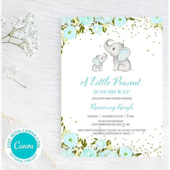 Editable Elephant Baby Shower Invitations, Little Peanut, Editable Boy