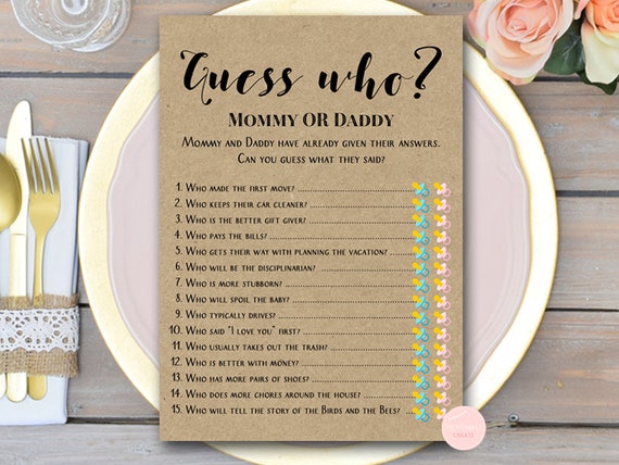 Rustic Mommy or Daddy Game, Guess who baby shower game, Coed Baby Shower Games, Rustic baby shower, Who knows Mommy and Daddy Best TLC596 Il_570xn