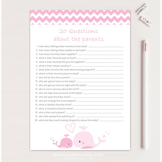 20 Questions about parents, coed baby shower game, Who knows Mommy and