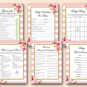Pink and Gold Baby Shower Games, Coed Shower, baby predictions and advice, who knows mom and dad, guess who mommy or daddy, scramble TLC50