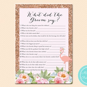 Flamingo Confetti O que o noivo disse, o que ele disse sobre ela, Jogo para recém-casados, Chá de panela Flamingo em ouro rosa, Chá de casamento BS130