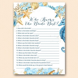 Who knows the Bride best, how well do you know the bride game, Beach bridal shower, mermaid bridal shower, beach Wedding Shower bs520