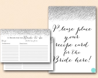 Silver Recipe for the Bride Card, Recipe Cards Printable, Recipe Cards for Bridal Shower, Silver Bridal Shower Recipe Card, BS89