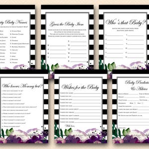 Purple Floral Baby Shower Games Package, Gender Neutral, baby predictions advice, celebrity baby names, guess baby item, wishes baby, TLC68