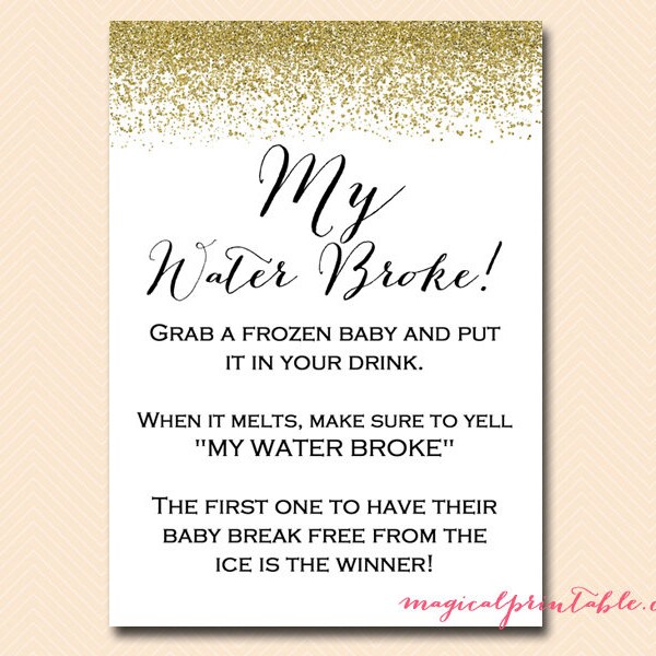 my water broke, frozen baby game, ice cube game, Gold Glitter Baby Shower Games Printable, Baby Shower Activities, Download TLC87