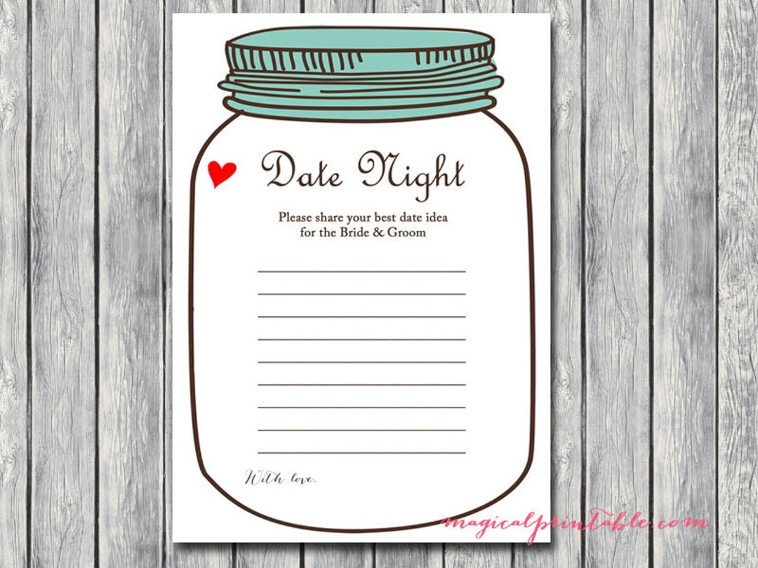Date Night Idea Card, Date Night Jar, Mason Jars Bridal Shower Game ...