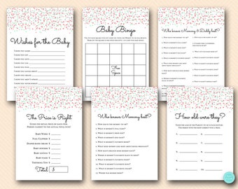 Mint and Coral Baby Shower Games Package, Instant Download, gender reveal party, coed baby shower games, wishes, price is right, TLC583