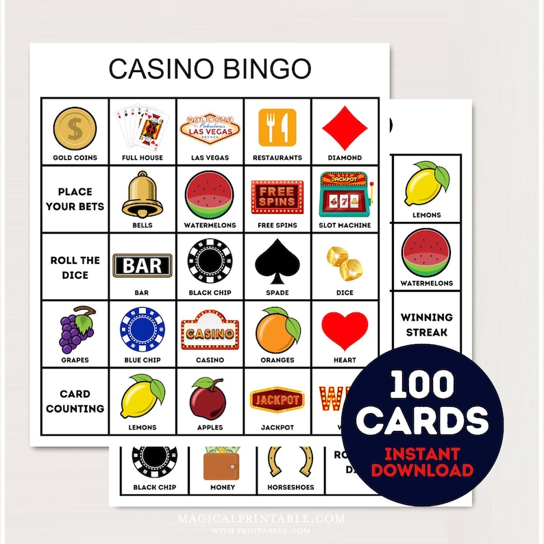 100x Casino Bingo Cards, Printable Casino bingo, Casino Party Activity, Casino Party Game, Casino Game, Casino themed bingo cards, bs701 image 1