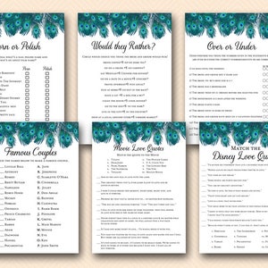 Peacock Bridal Shower Games Package Deal, Download, porn or polish, would they rather, love quote match, movie quote, over or under, BS555 image 1