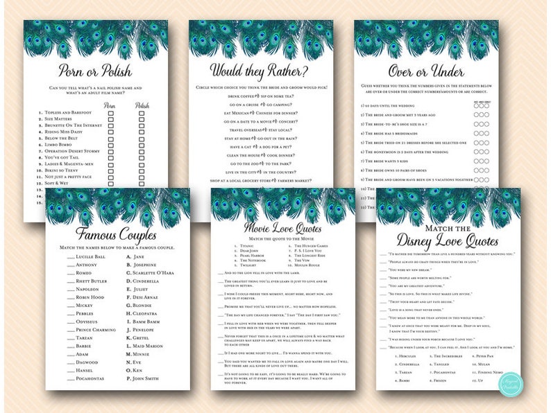 Peacock Bridal Shower Games Package Deal, Download, porn or polish, would they rather, love quote match, movie quote, over or under, BS555 image 1