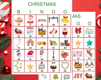 May include: Christmas Bingo game sheets with festive illustrations and the word "Christmas" at the top. The game includes images of ornaments, Santa, gifts, and other holiday-themed icons. The website magicalprintable.com is visible.