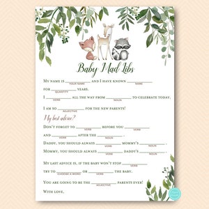Woodland Baby Shower Games, Baby Shower Mad Libs, Mad Lib Baby Shower, Baby Shower Games, greenery woodland animals, leafy woodland, TLC653