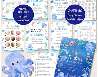 Bearbeitbares Sea You Bald Babyparty Spiele Bundle, unter dem Meer, Baby Sprinkle, unter der Meer Babyparty, PDF, Download TLC878 canva