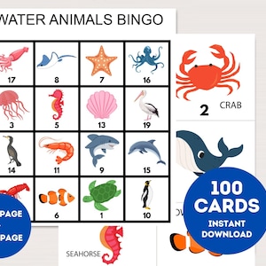 100x Waterdieren Bingokaarten, Afdrukbare Dieren Verjaardag bingo, Verjaardag Waterdieren Party Game, verjaardagsspellen, Zeedieren bingo, bs701