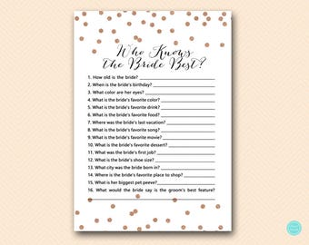 Rose Gold Dots Bridal Shower, Who knows the Bride Best Game Printable, Bridal Shower Game, Bridal Shower Games Instant Download BS472B dd