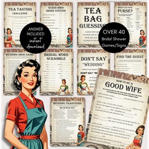 May include: A collection of vintage-style bridal shower games and signs. The designs feature retro illustrations of women and text like "Tea Tasting Challenge," "Guess Who! Bride Edition," and "How to be a Good Wife." The games are designed for instant download.