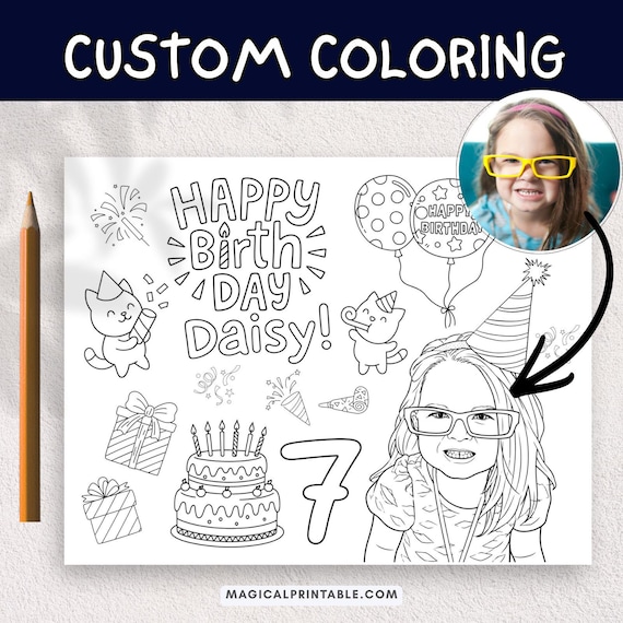 Personalized Photo Birthday Coloring Page, Custom Kid's Activity Sheet, Birthday Activity, Digital File, BP888