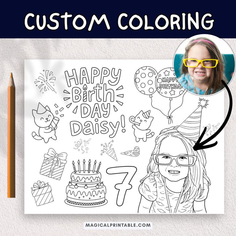Personalized Photo Birthday Coloring Page, Custom Kid's Activity Sheet, Birthday Activity, Digital File, BP888 image 1