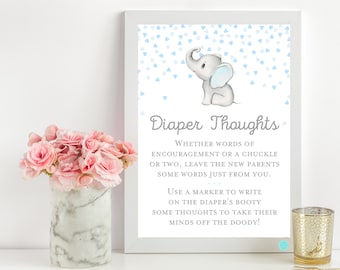 Diaper thoughts, late night diapers, write message on diaper, Boy elephant baby shower, Gray and Blue Elephant Baby Shower Game, TLC689