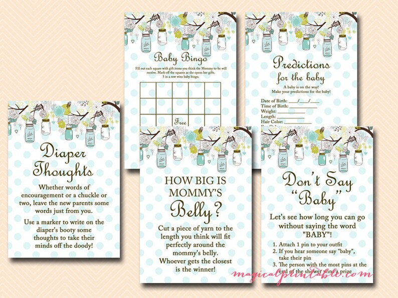 Mason Jars Baby Shower Games Printables Teal Mason Jar Baby Etsy