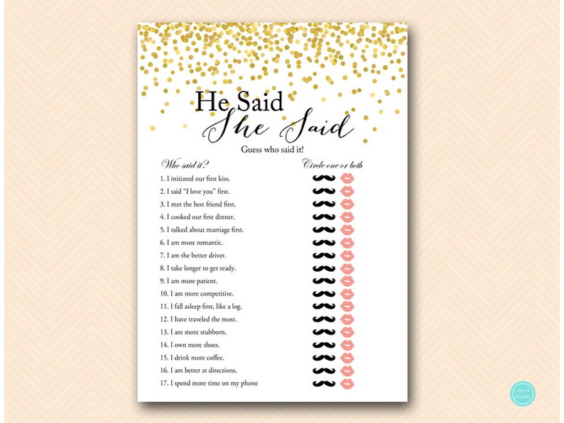 He Said She Said Bridal Shower Game Bridal Shower Who Said It Etsy
