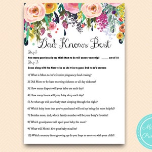 Dad knows best game, how well mom knows dad, get to know each other, Floral, fairy garden Baby Shower Games, Baby Shower Activities TLC140
