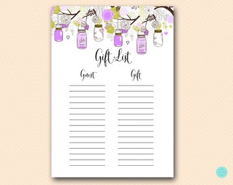 Purple Gift list, Bridal Shower Gift List, Baby Shower Gift List, Guest list printable, Gift Checklist, Gift Tracker, gift list BS49 TLC475