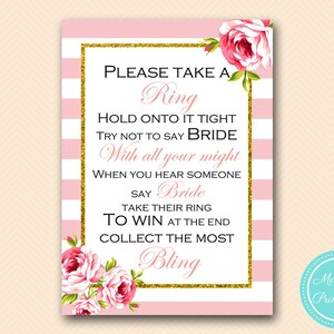 Don&#39;t say bride, don&#39;t say a word, Bridal Shower Game, printable game, Pink Stripes, pink blush, chic, gold glitter BS11