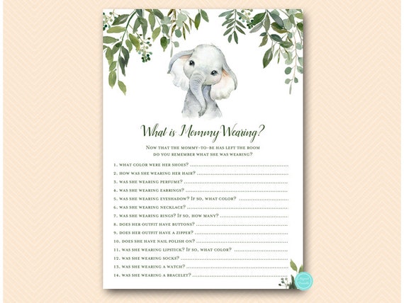 Elephant What is mommy wearing, who knows mommy, peanut baby shower, greenery elephant baby shower game, safari baby, jungle baby, TLC663 Il_570xn