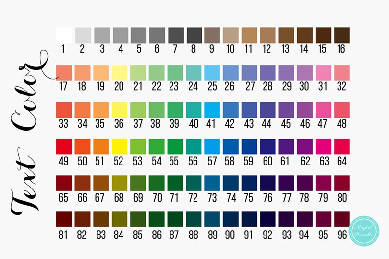 May include: A color chart with 96 different shades of color, numbered from 1 to 96. The colors range from light gray to dark red.