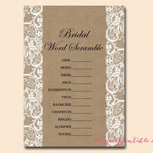 Scramble, Bridal Scramble, Lace, Rustic Bridal Shower Activities, Unique Bridal Shower Games, Bachelorette Games, Wedding Shower Games BS16