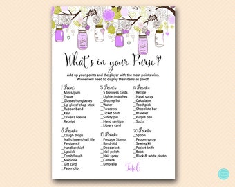 Purple Mason Jars Whats in your Purse, Purse Game, Purse Hunt Game, Bridal Shower Games, Baby Shower Games BS49 TLC475