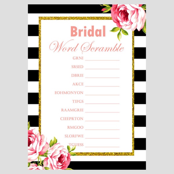 Scramble, Bridal Scramble, Unscramble words, Black White Floral Bridal Shower Games, Unique Bridal Shower Games, Wedding Shower BS10 BS10P