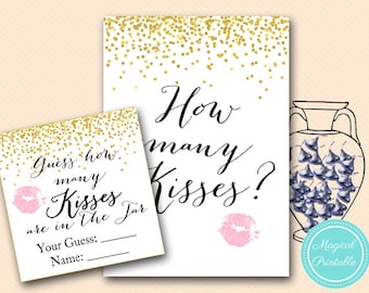How many Kisses Sign, Guess how many Kisses there are in a jar, Gold Confetti Bridal Shower, Bachelorette, Gold Bridal Shower BS46 bp46