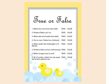 True or False, Baby Questions, Baby Trivia, Duck Theme, Rubber Duck Baby Shower Game Printables, Gender Neutral Games, Yellow, TLC35