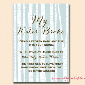 My water broke, frozen baby ice cube game, Birch, Woodland Baby Shower Games Printable, Gender Neutral, Baby Boy, Baby Shower TLC101