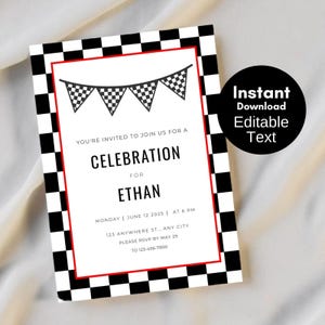 DIY 5x7&quot; Editable Invitation, Racing Invitation, Car Race Baby Shower Invitation, Check Racing, Racing Car Birthday Invitation TLC113 BP113