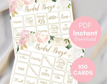 May include: Two sheets of Bridal Bingo cards with floral accents in pink and gold. The cards feature various wedding-related terms like "Vows," "Rings," and "Gifts." A pink circle with the text "PDF Instant Download" is visible, along with another circle that says "100 CARDS."