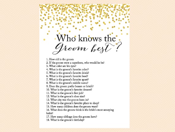 Who knows the groom best, how well do you know the groom game, Gold Confetti Bridal Shower ...