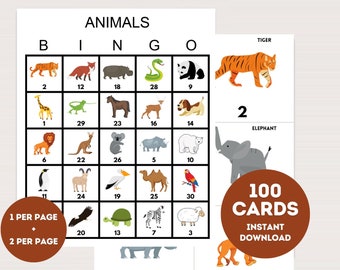 100x Tiere Bingo Karten, Printable Geburtstagsparty Bingo, Party Bingo Spiel, Geburtstags Spiel, Baby-Dusche Bingo, Bingo Spiel, bs701 RK