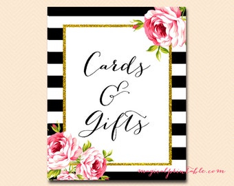 Cards and gifts sign, thank you Sign, signage, Black and White Stripes, Floral, Chic, SN03 BS10 SN26 TLC04 bs10b