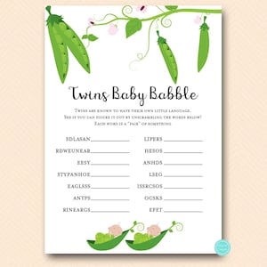May include: A printable twins baby shower game with a green peapod theme. The game asks guests to unscramble words related to twins, such as "LIPERS" and "HESOS".