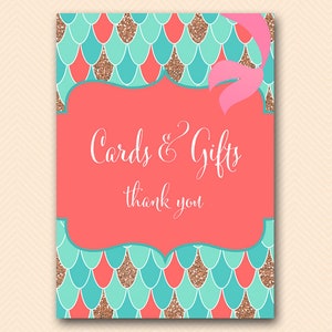 Coral Mermaid Cards and gifts sign, Cards and Gifts Printable, Thank you Sign, Bridal Shower Decorations Baby Shower Decoration TLC516 BS516 image 1