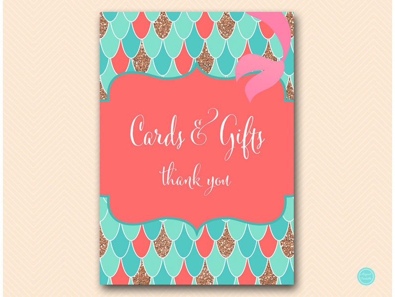 Coral Mermaid Cards and gifts sign, Cards and Gifts Printable, Thank you Sign, Bridal Shower Decorations Baby Shower Decoration TLC516 BS516 image 1