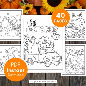 Può includere: Un libro da colorare digitale di 40 pagine con illustrazioni a linee bianche e nere a tema autunnale, tra cui zucche, un camion, uno scoiattolo, un procione, ombrelli e il testo Hello October e Hello, Fall, disponibile come download PDF.