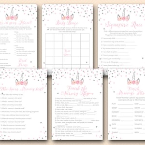 Pink Silver Unicorn Baby Shower Games Package, whats in your phone, who knows mommy best, pink unicorn TLC556